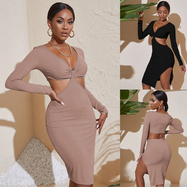Ribbed Bodycon Midi Dress with Hollow-Out Waist and V-Neck