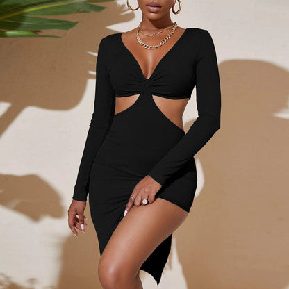 Ribbed Bodycon Midi Dress with Hollow-Out Waist and V-Neck