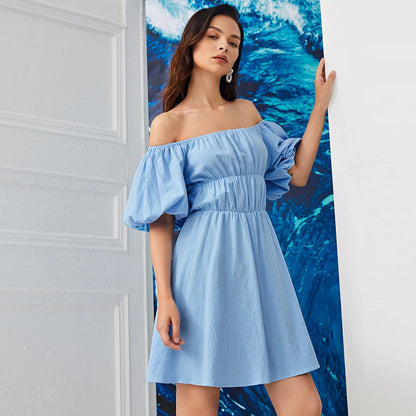 Solid A-Line Mini Dress with Off-Shoulder Puff Sleeves