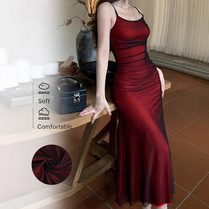 Ruched Mesh Bodycon Maxi Dress with Spaghetti Straps