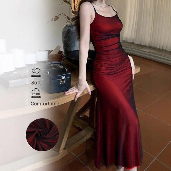 Ruched Mesh Bodycon Maxi Dress with Spaghetti Straps
