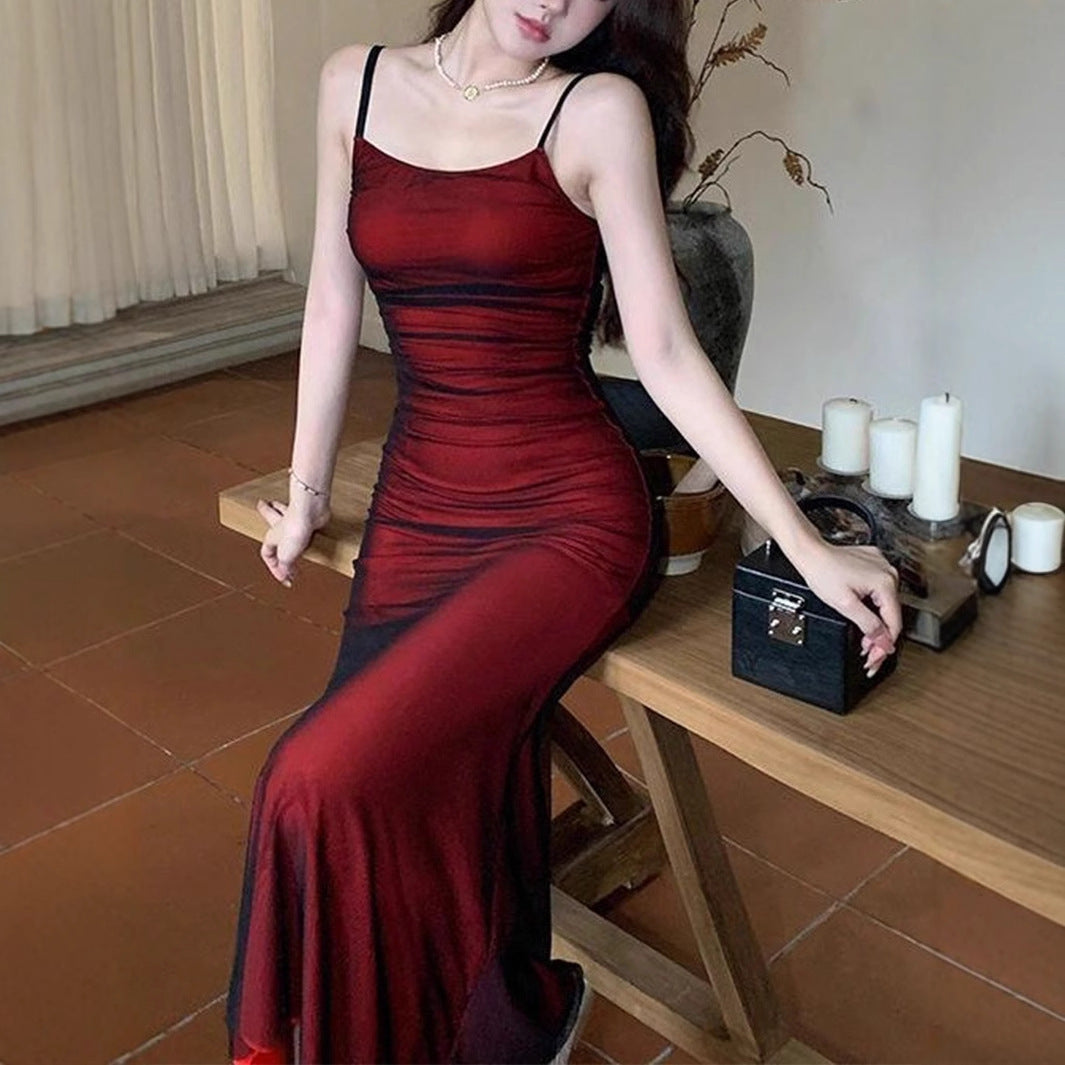Ruched Mesh Bodycon Maxi Dress with Spaghetti Straps