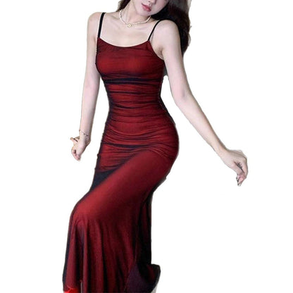 Ruched Mesh Bodycon Maxi Dress with Spaghetti Straps