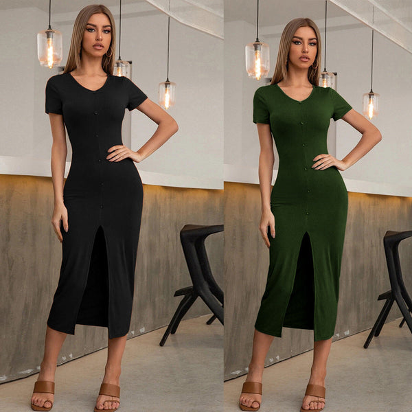 Bodycon Knit Midi Dress with Button Front and Slit