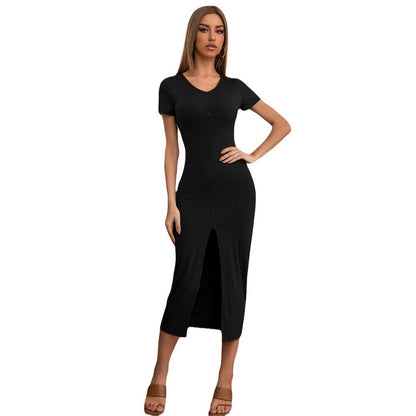 Bodycon Knit Midi Dress with Button Front and Slit