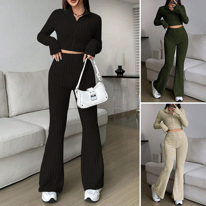 Ribbed Knit Two-Piece Set with Cropped Zip Top and Wide-Leg Pants