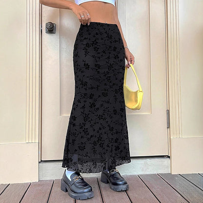 Floral Print Mesh Fishtail Maxi Skirt with Sheer Overlay
