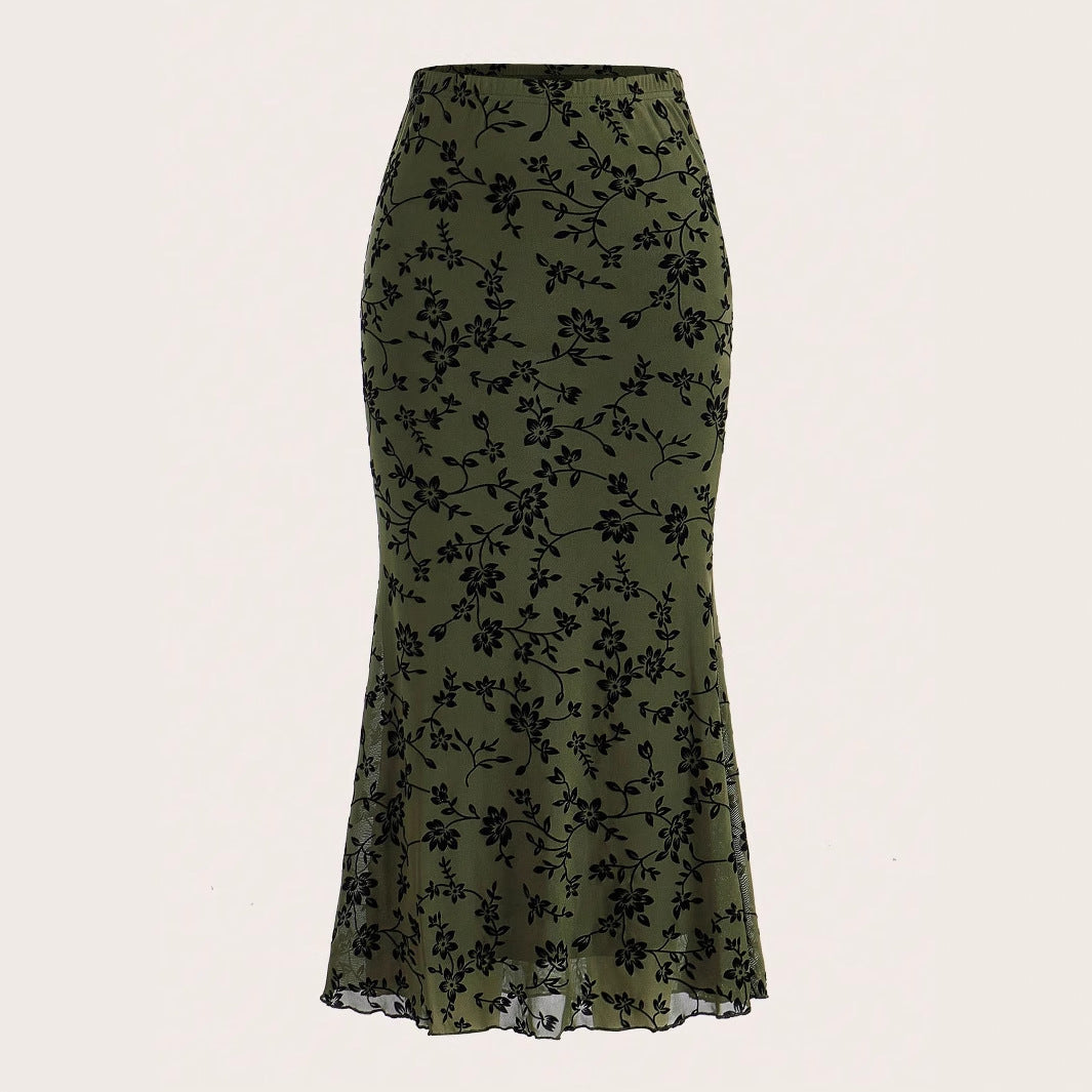 Floral Print Mesh Fishtail Maxi Skirt with Sheer Overlay