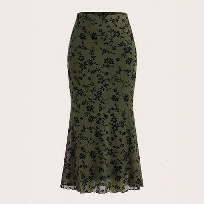 Floral Print Mesh Fishtail Maxi Skirt with Sheer Overlay
