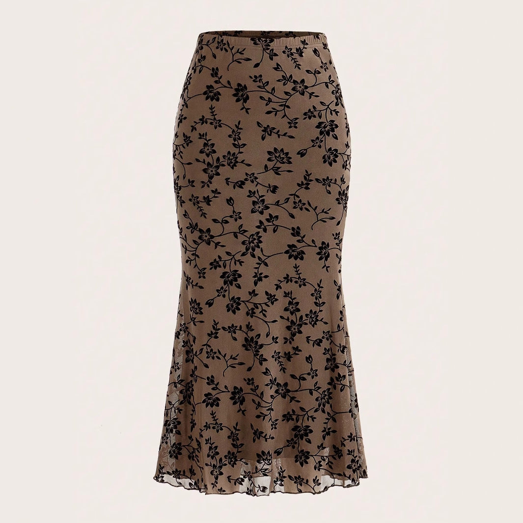 Floral Print Mesh Fishtail Maxi Skirt with Sheer Overlay