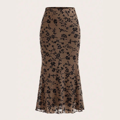 Floral Print Mesh Fishtail Maxi Skirt with Sheer Overlay