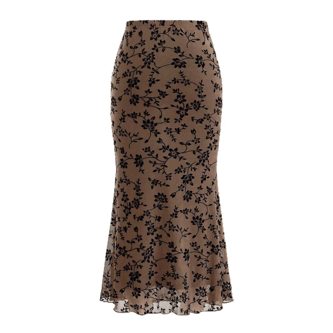 Floral Print Mesh Fishtail Maxi Skirt with Sheer Overlay
