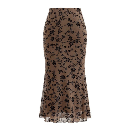 Floral Print Mesh Fishtail Maxi Skirt with Sheer Overlay