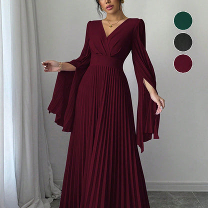 High-Waist Pleated Maxi Dress with Split Sleeves