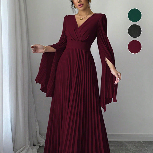 High-Waist Pleated Maxi Dress with Split Sleeves