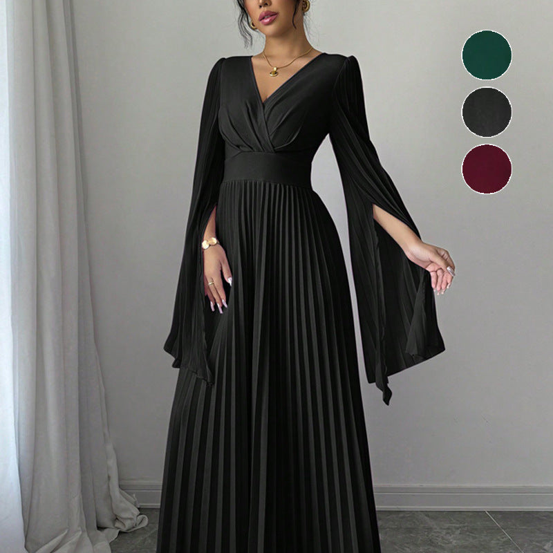 High-Waist Pleated Maxi Dress with Split Sleeves
