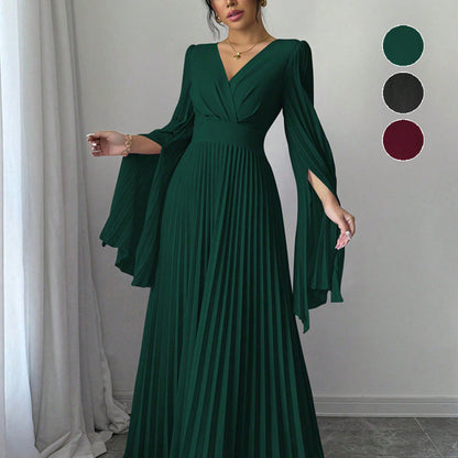 High-Waist Pleated Maxi Dress with Split Sleeves