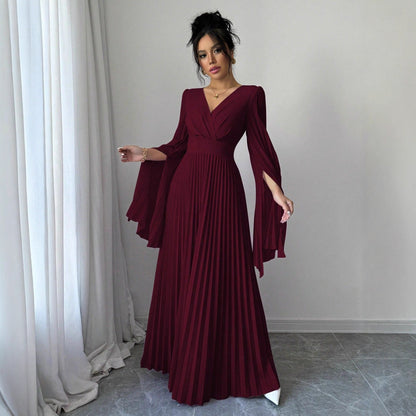 High-Waist Pleated Maxi Dress with Split Sleeves