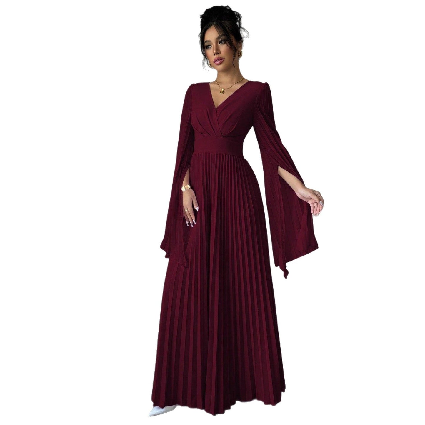 High-Waist Pleated Maxi Dress with Split Sleeves