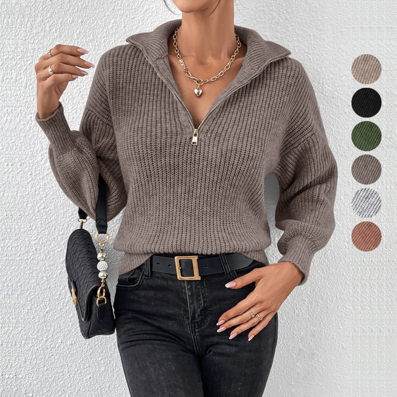 Loose Ribbed Knit Pullover with Half-Zip Polo Collar