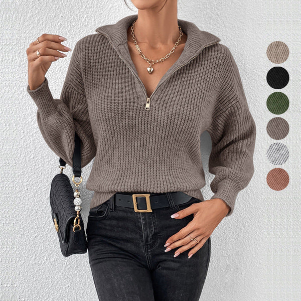 Loose Ribbed Knit Pullover with Half-Zip Polo Collar
