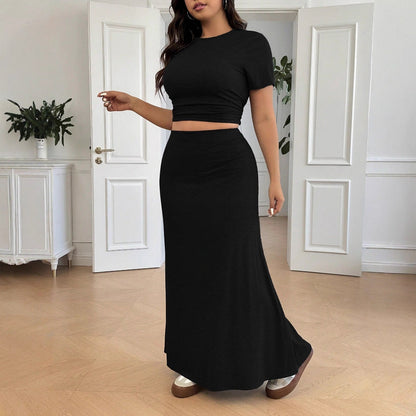 Solid Short-Sleeve Crop Top and High-Waist Maxi Skirt Set