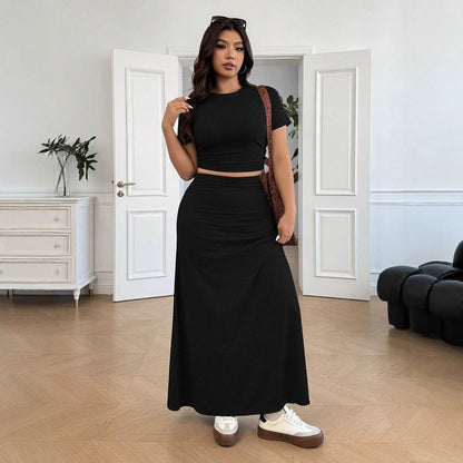 Solid Short-Sleeve Crop Top and High-Waist Maxi Skirt Set