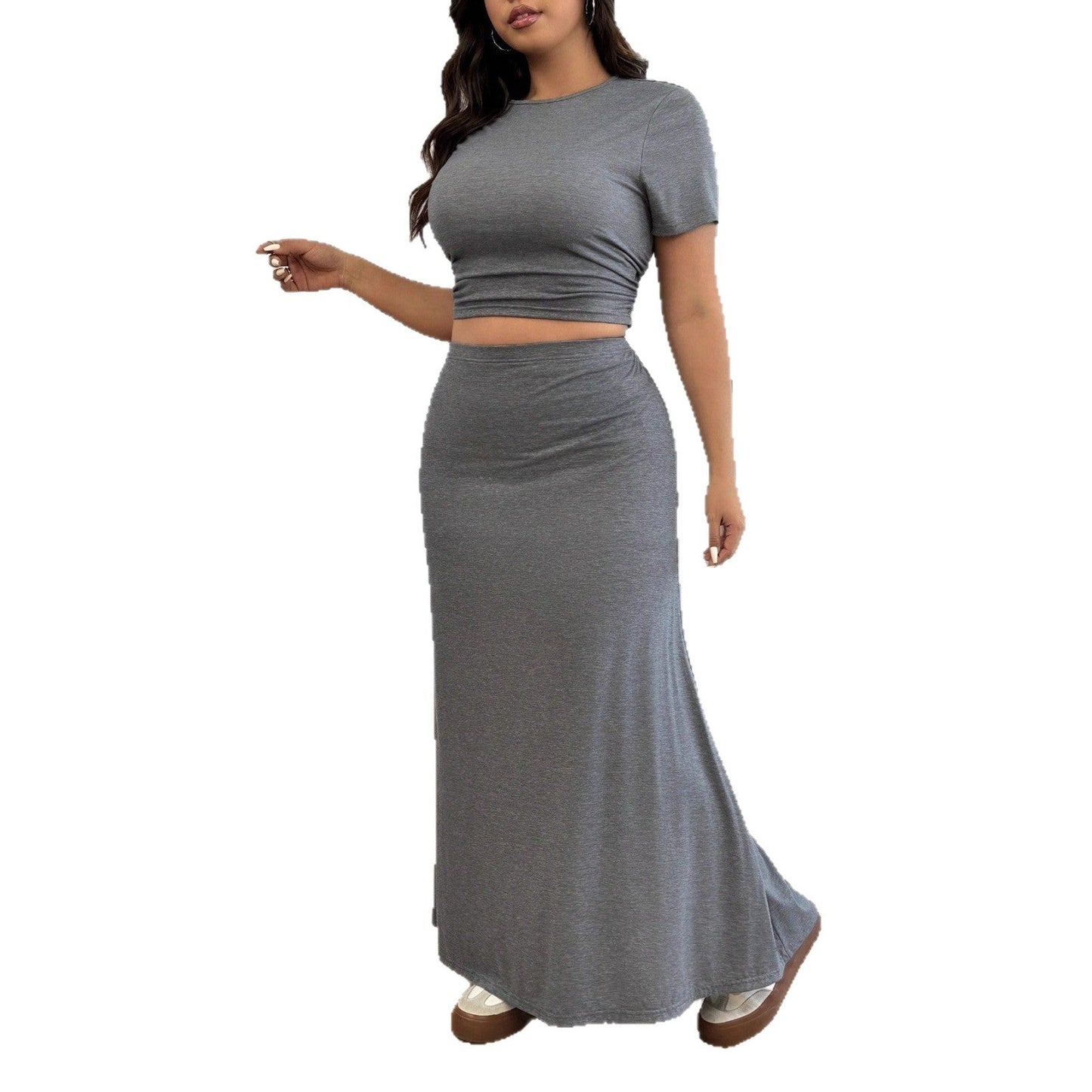 Solid Short-Sleeve Crop Top and High-Waist Maxi Skirt Set