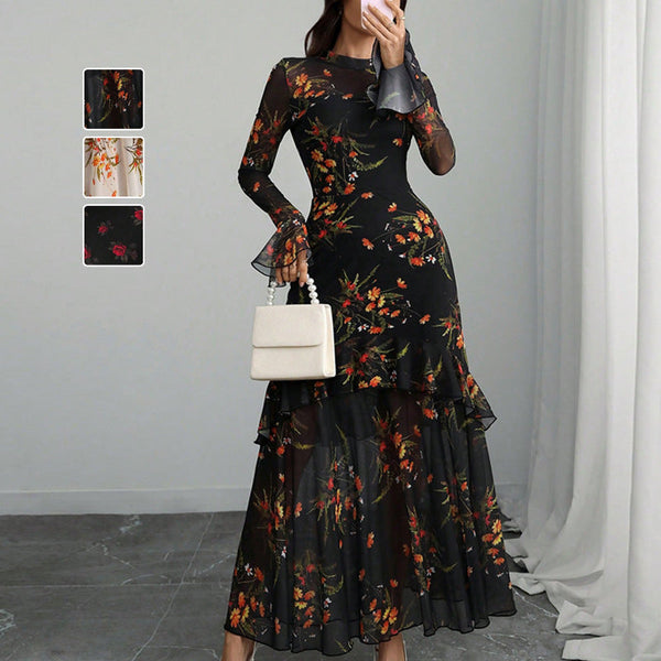 Floral Print Tiered Maxi Dress with Ruffle Sleeves