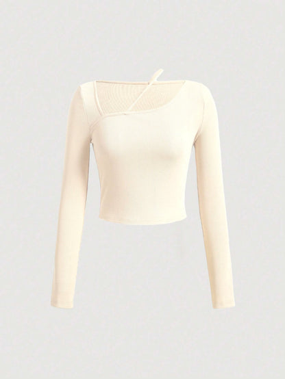 Ribbed Long Sleeve Top with Asymmetric Neckline and Strap