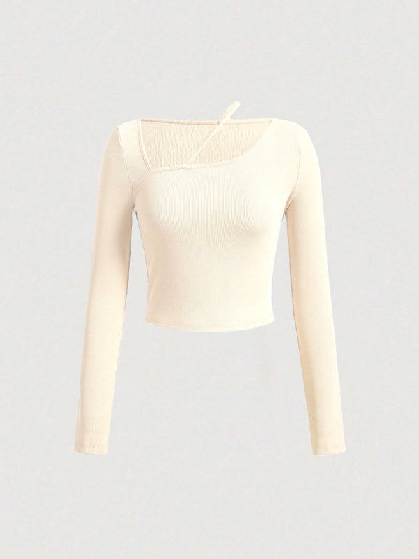 Ribbed Long Sleeve Top with Asymmetric Neckline and Strap