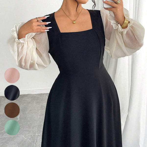 A-Line Maxi Dress with Square Neck and Sheer Puff Sleeves