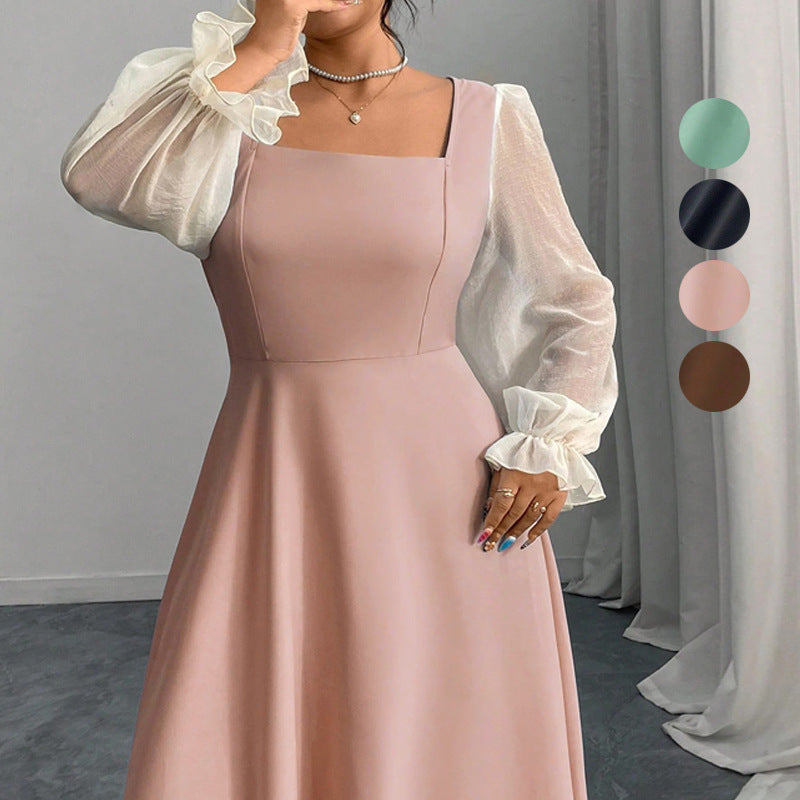 A-Line Maxi Dress with Square Neck and Sheer Puff Sleeves