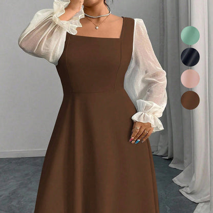 A-Line Maxi Dress with Square Neck and Sheer Puff Sleeves