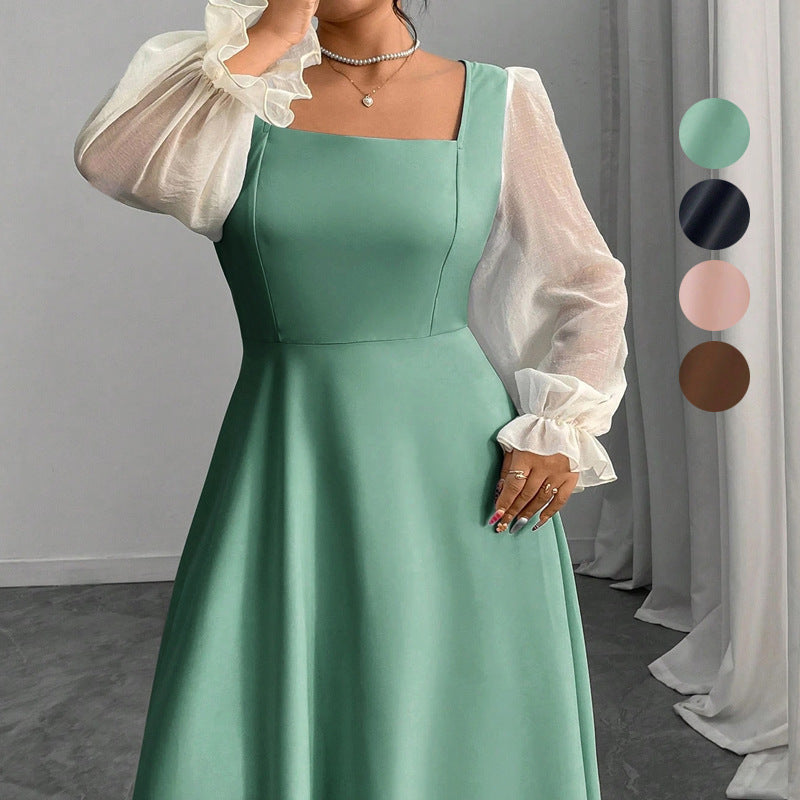 A-Line Maxi Dress with Square Neck and Sheer Puff Sleeves