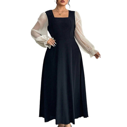 A-Line Maxi Dress with Square Neck and Sheer Puff Sleeves
