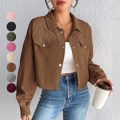 Cropped Corduroy Jacket with Button Front and Chest Pockets