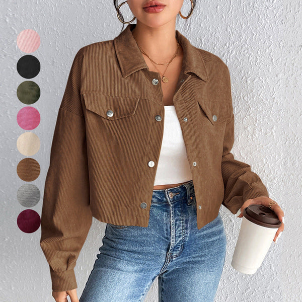 Cropped Corduroy Jacket with Button Front and Chest Pockets