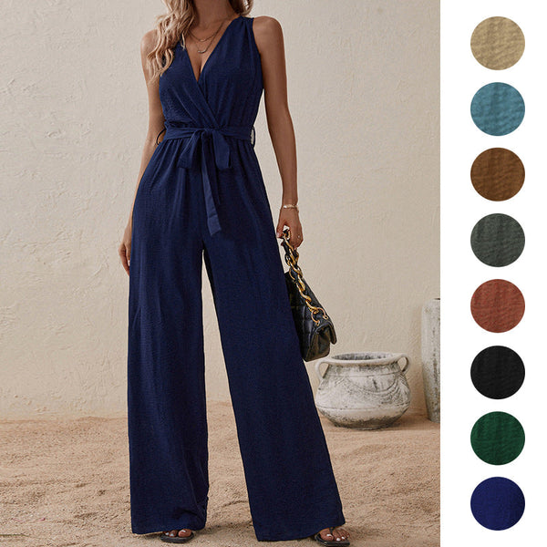 Wide-Leg Sleeveless Jumpsuit with V-Neck and Tie-Waist