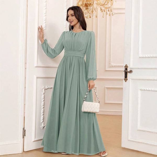 A-Line Pleated Maxi Dress with High Waist and Bishop Sleeves
