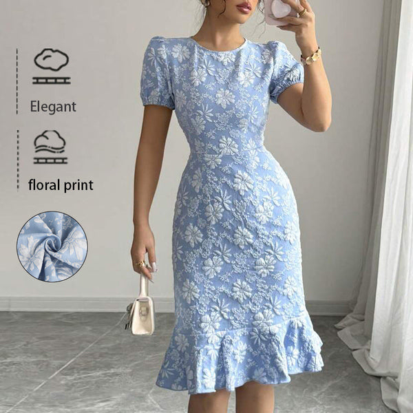 Floral Print Midi Dress with Puff Sleeves and Fishtail Hem