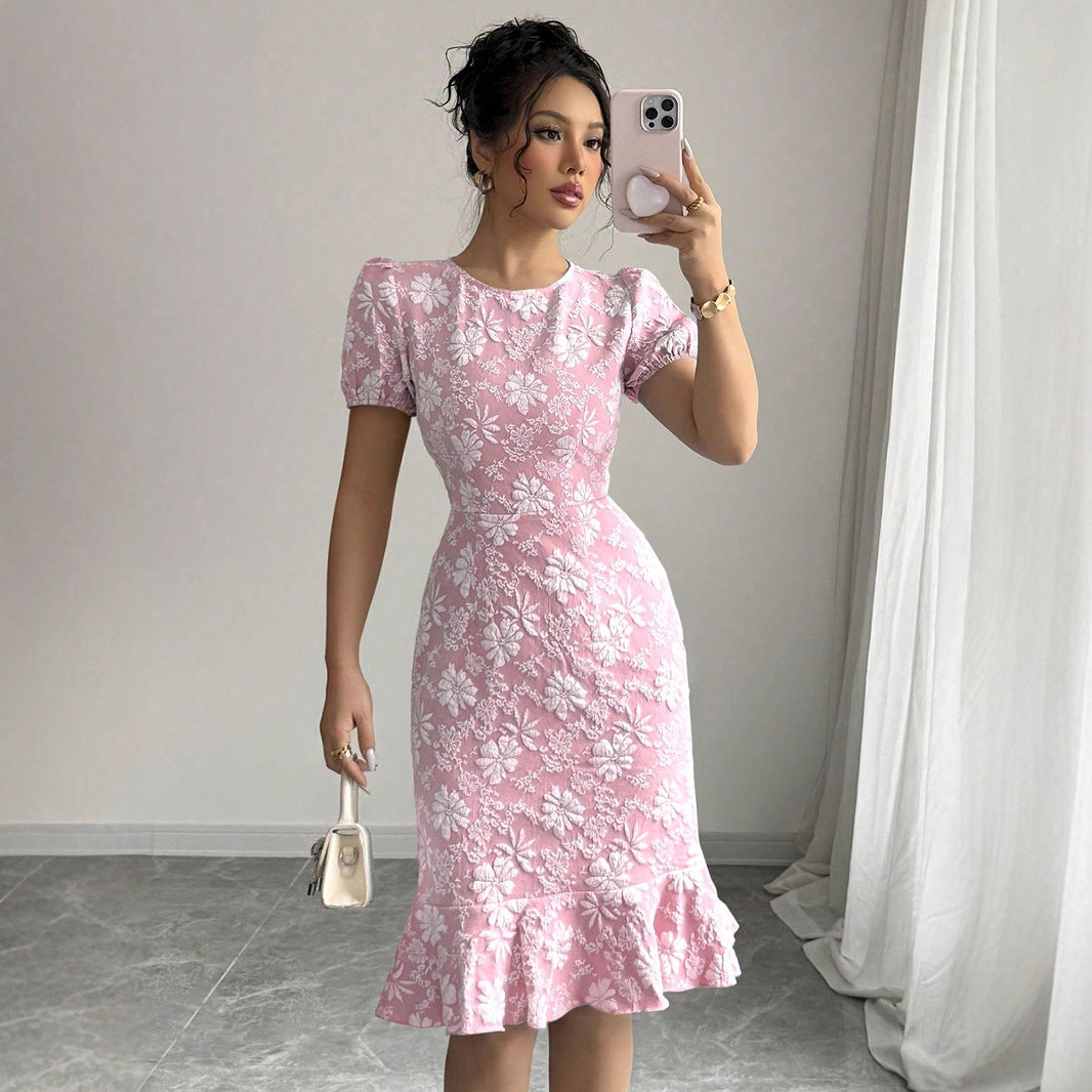 Floral Print Midi Dress with Puff Sleeves and Fishtail Hem