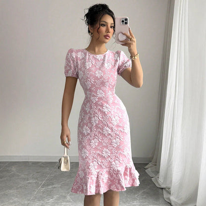 Floral Print Midi Dress with Puff Sleeves and Fishtail Hem