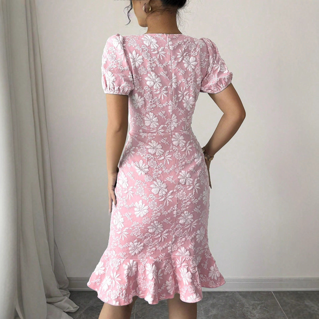 Floral Print Midi Dress with Puff Sleeves and Fishtail Hem