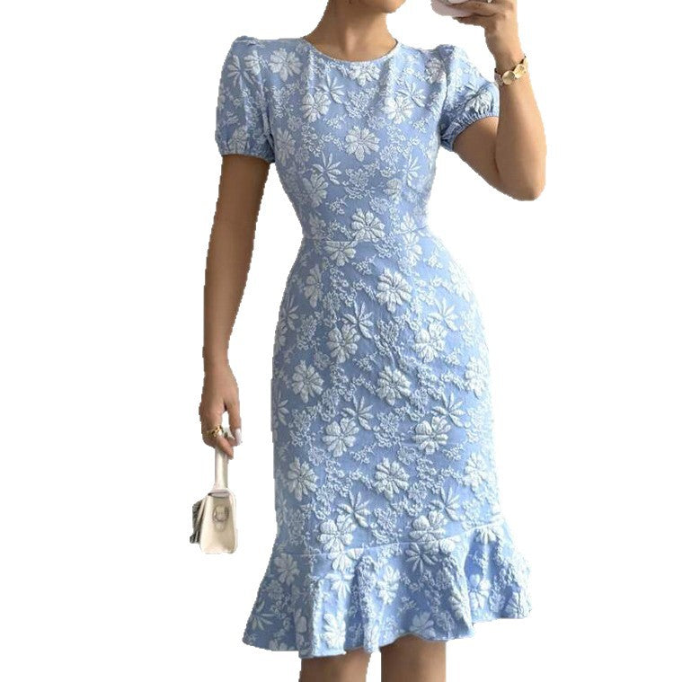 Floral Print Midi Dress with Puff Sleeves and Fishtail Hem