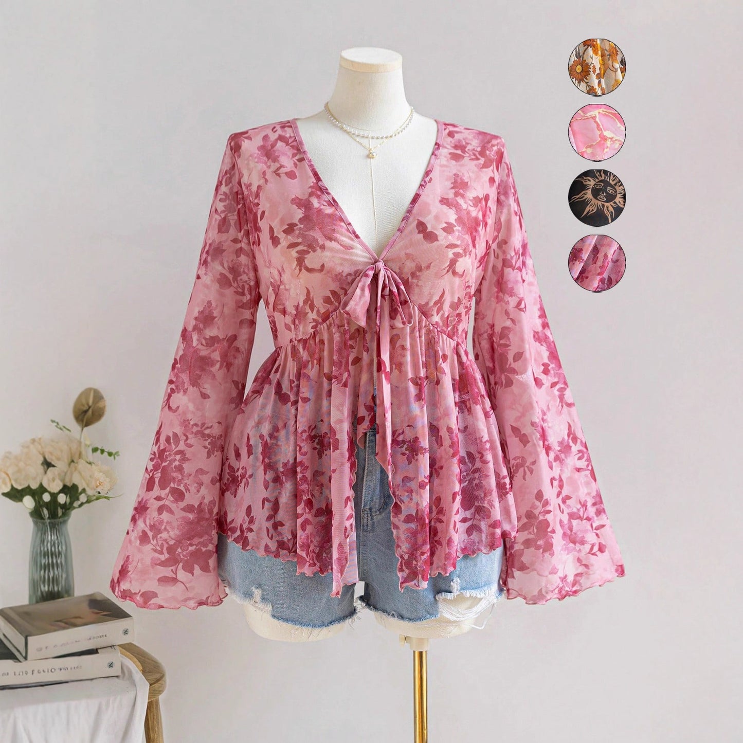 Sheer Printed V-Neck Top with Tie-Front and Bell Sleeves
