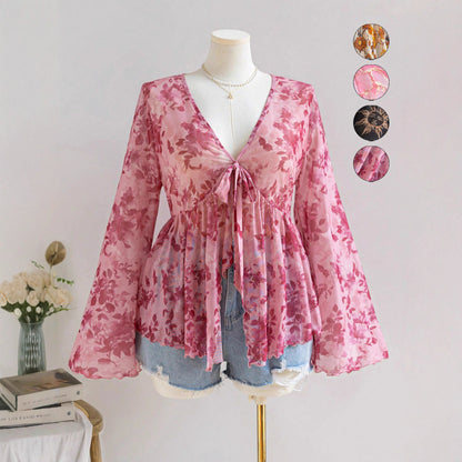 Sheer Printed V-Neck Top with Tie-Front and Bell Sleeves