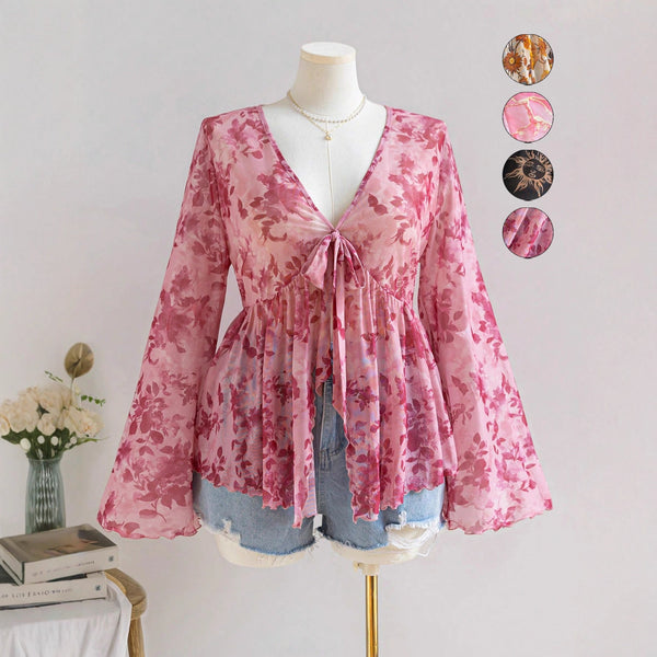 Sheer Printed V-Neck Top with Tie-Front and Bell Sleeves