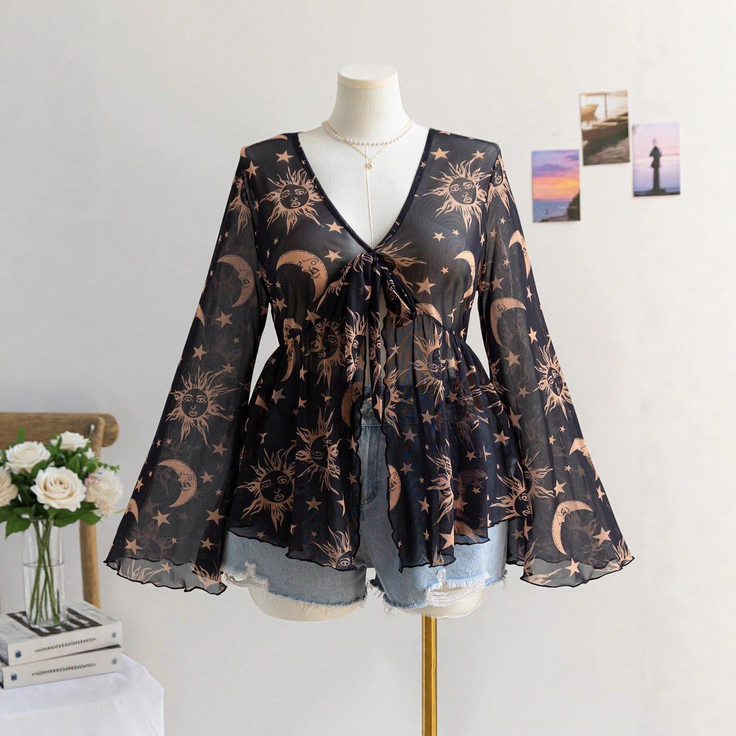Sheer Printed V-Neck Top with Tie-Front and Bell Sleeves