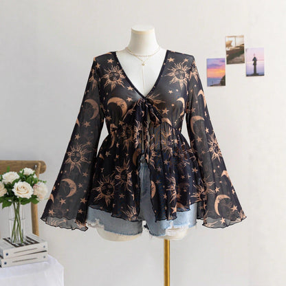 Sheer Printed V-Neck Top with Tie-Front and Bell Sleeves